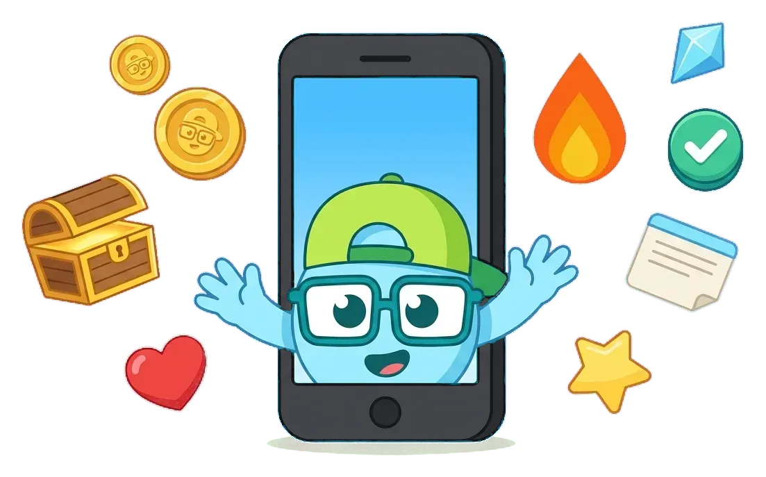 Aily menyapa dari layar HP, dikelilingi koin, peti harta, hati, api streak, kristal, tanda centang, catatan, dan bintang